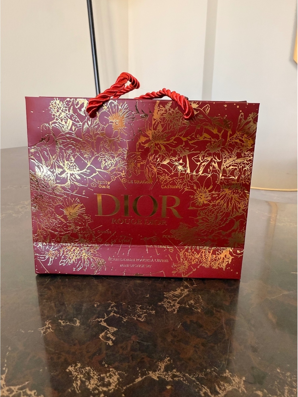 Dior Rouge D'Or Decorative Gift Bag with Gold Floral Design